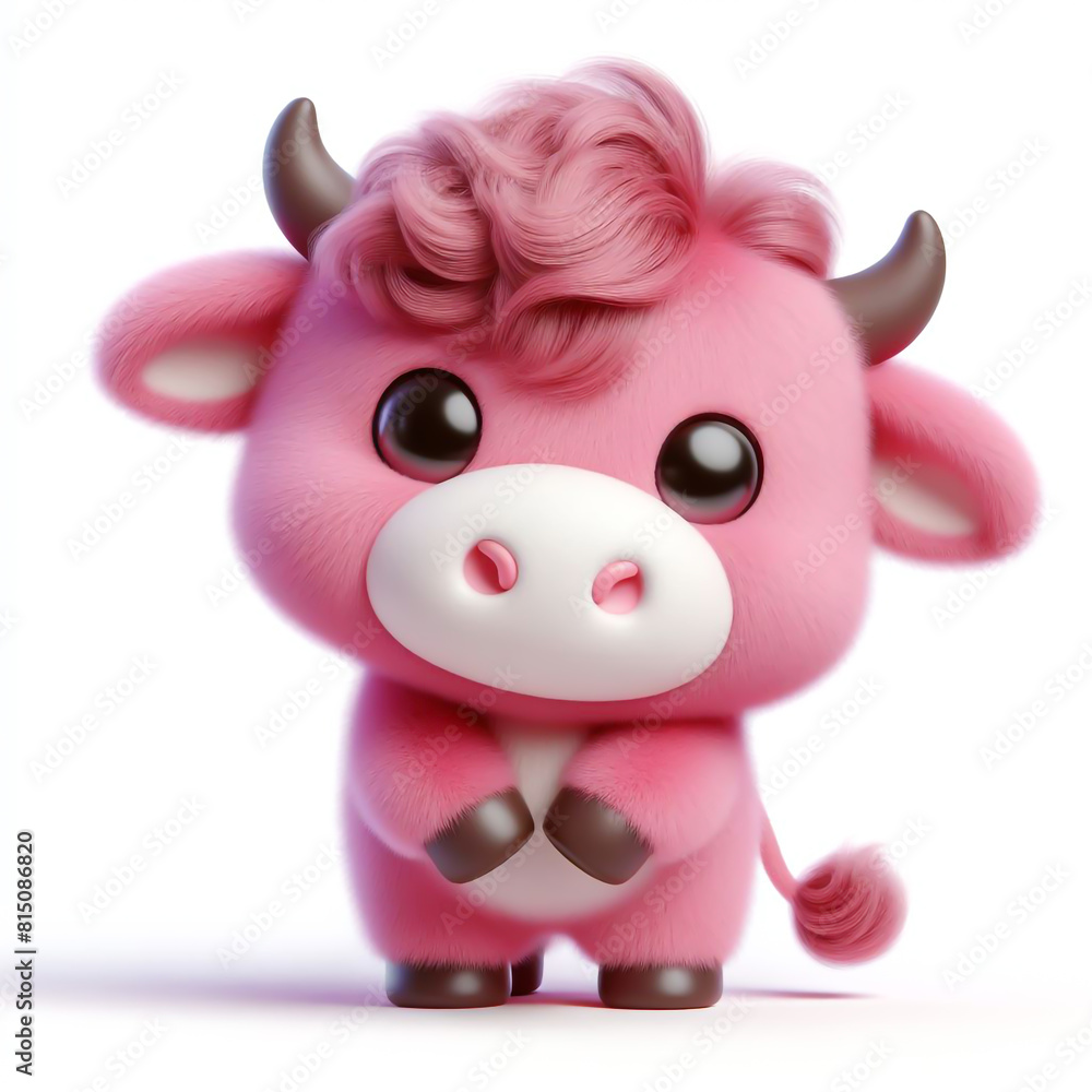 Cute furry pink cow 3D character on white background Cute furry pink cow 3D character on white background