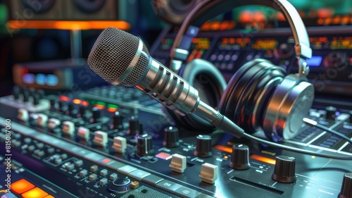 Professional microphone and headphones at a radio station. The microphone symbolizes the transmission of voice and ideas, while the headphones provide clear sound perception and feedback. photo