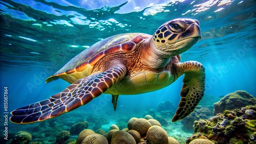 a sea turtle swimming over coral reefs, World Turtle Day, Background, Banner photo