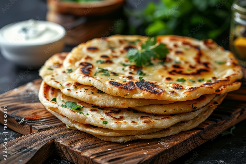 Stacked Naan Bread with Cilantro on Wooden Board Stacked Naan Bread with Cilantro on Wooden Board