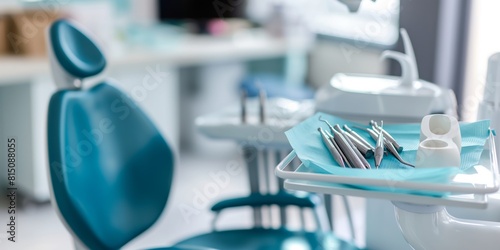 Close-up of dental instruments in a modern dentist's office with chair and equipment in the background