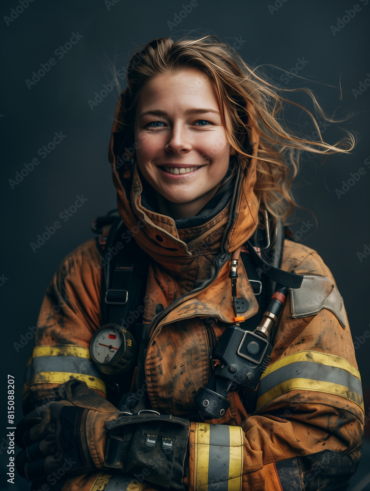 smiling female firefighter portrait photography. smiling female firefighter portrait photography.