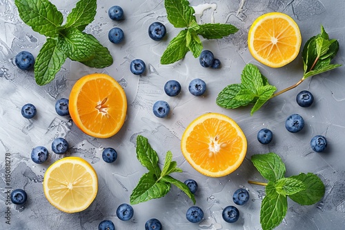 Fresh Fruits and Mint on Grey photo