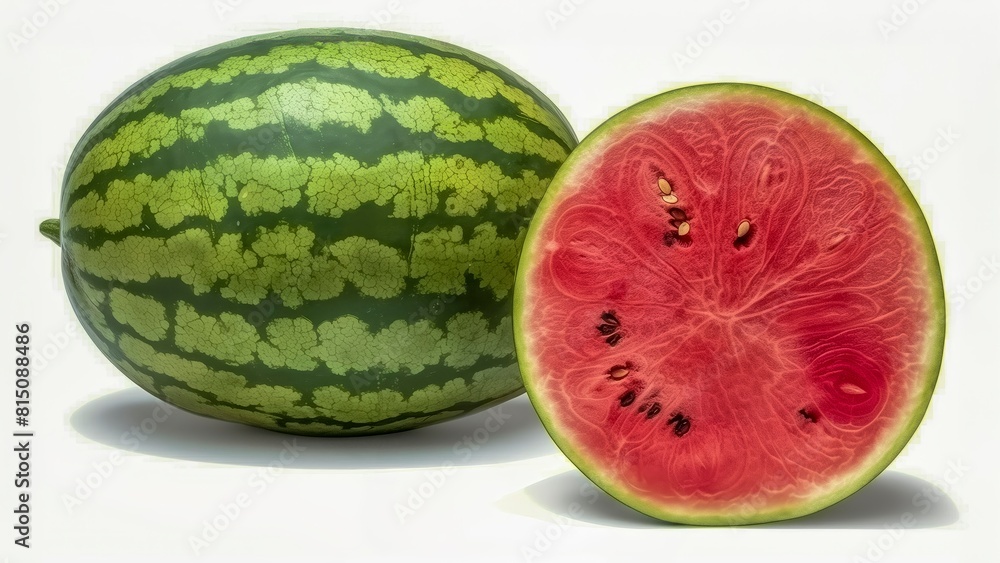 Whole Watermelon And Its Vibrant Red Half, Displayed On A White Background. Whole Watermelon And Its Vibrant Red Half, Displayed On A White Background.