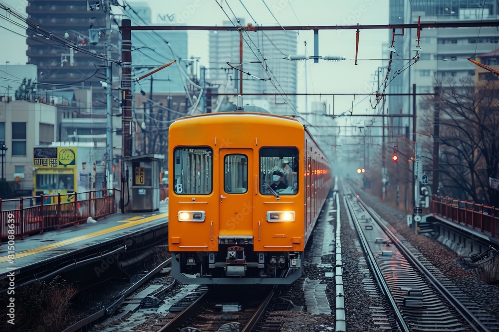 Orange Train Approaches Station in Urban Setting Orange Train Approaches Station in Urban Setting