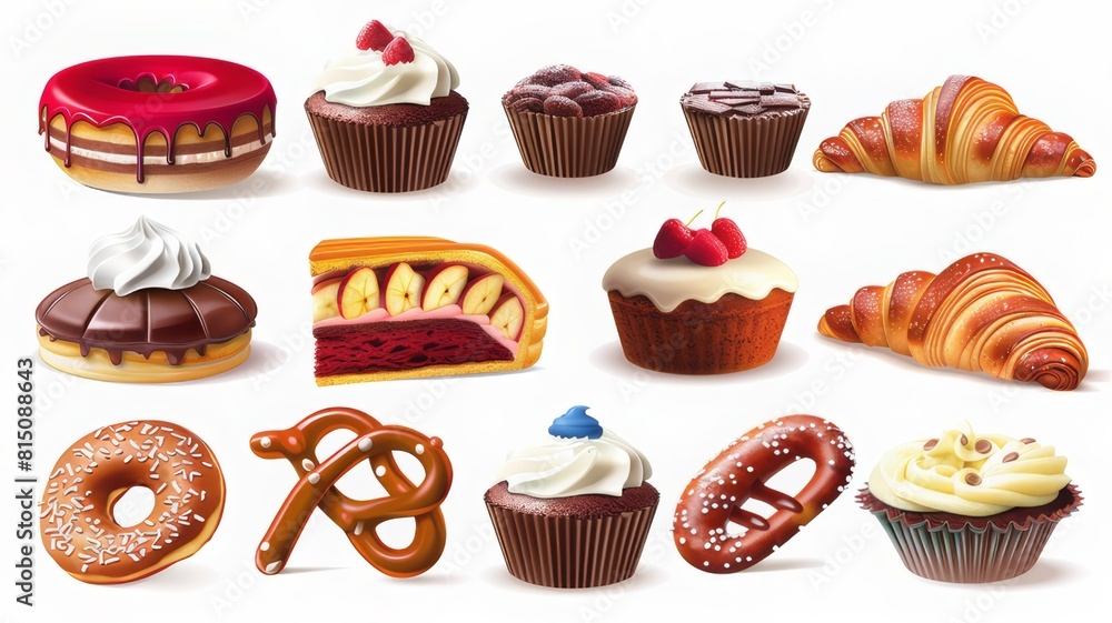 Various sets and collections of sweets and desserts including chocolate cake, cupcakes, apple pie, pretzel, donut, pastry, cupcake, cookies, croissant, bakery products and all on a white background. Various sets and collections of sweets and desserts including chocolate cake, cupcakes, apple pie, pretzel, donut, pastry, cupcake, cookies, croissant, bakery products and all on a white background.