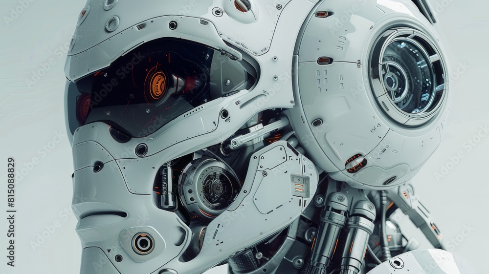 Fototapeta premium The face of a robot with artificial intelligence. The robot has a modern design, is aesthetically pleasing and reminiscent of advanced technology and scientific developments.