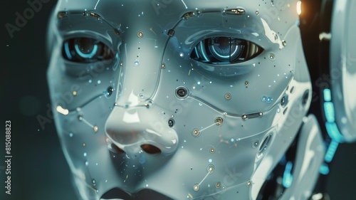 The face of a robot with artificial intelligence. The robot has a modern design  is aesthetically pleasing and reminiscent of advanced technology and scientific developments.