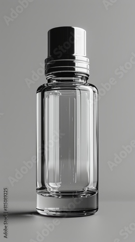 Clear glass bottle with metallic cap on a minimalist grey background, showcasing an elegant design suitable for cosmetics or fragrance products