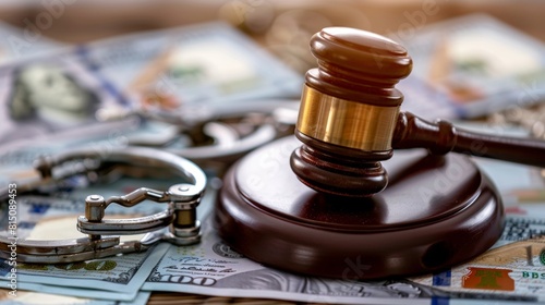 Wooden gavel with handcuffs and banknotes depicting legal action on financial offenses photo