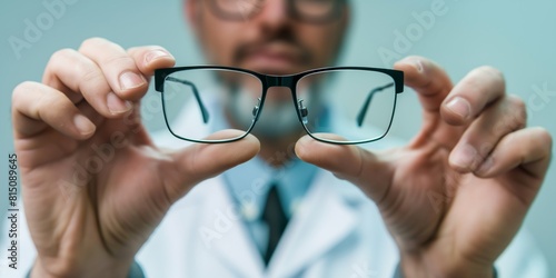 A close-up of hands presenting eyeglasses, possibly for vision correction or fashion, with face out of focus photo