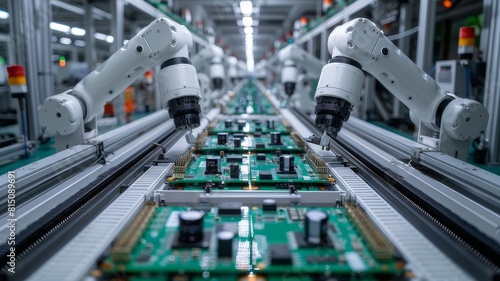 High-precision robotic manipulators on a fully automated PCB assembly line. Modern electronics factory. photo