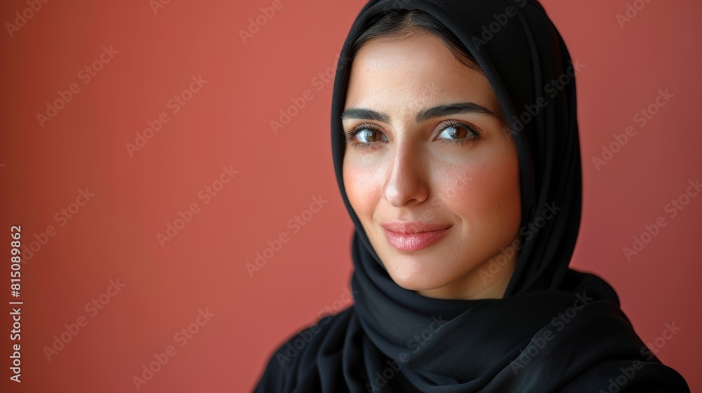 A young woman wearing a black hijab smiles warmly against a vibrant red background, showcasing her confidence and cultural heritage A young woman wearing a black hijab smiles warmly against a vibrant red background, showcasing her confidence and cultural heritage
