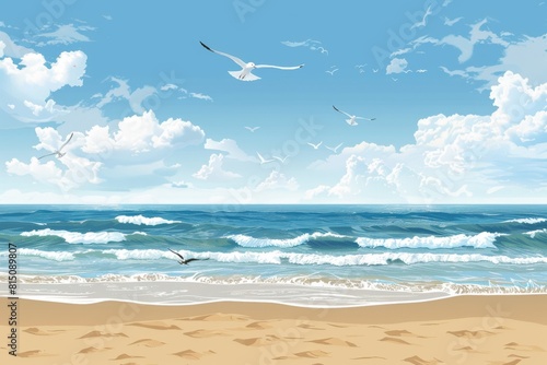 A stunning vector illustration of a summer beach with golden sand, calm ocean waves, a clear sky, and seagulls soaring above. © Jennie Pavl