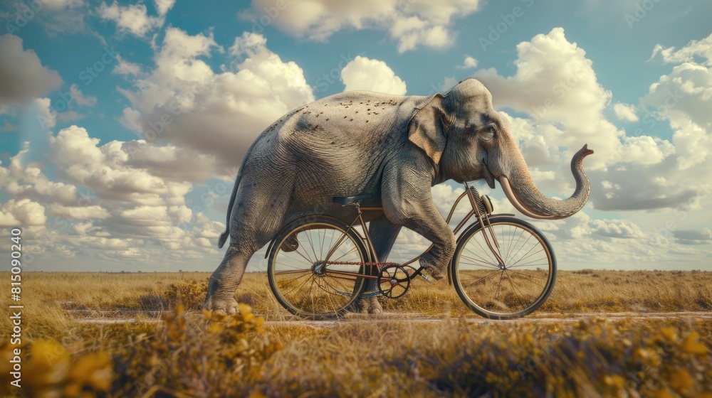 Fototapeta premium Elephant riding a bicycle in a field, suitable for various creative projects