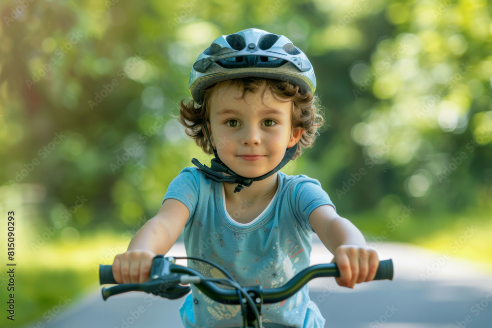 A young boy wearing a helmet and riding his bike on the road, with green grass in the background. A young boy wearing a helmet and riding his bike on the road, with green grass in the background.