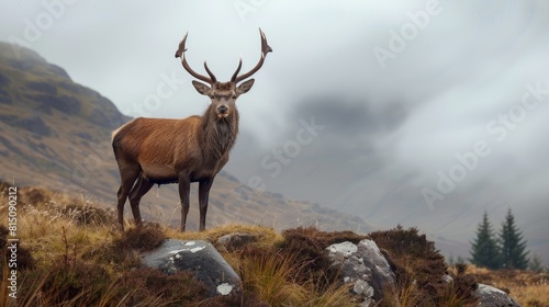 Scottish deer wandering and feeding