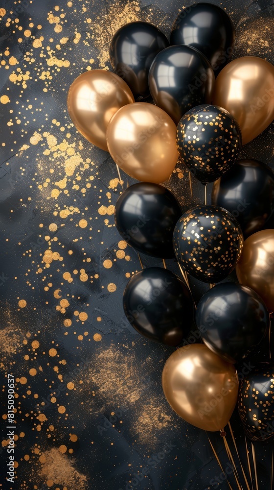 an invitation card with a lot of black and gold balloons an invitation card with a lot of black and gold balloons