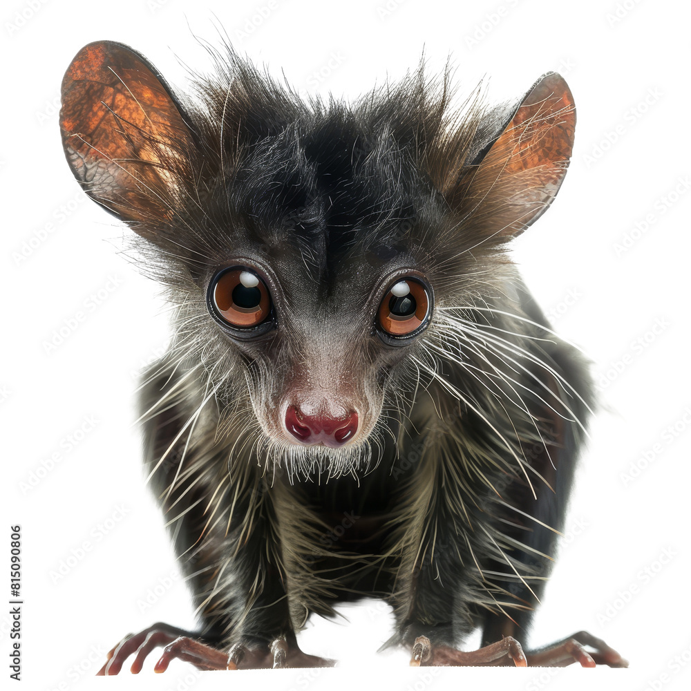 Fototapeta premium A small black and white aye-aye standing against a Png background, a Beaver Isolated on a whitePNG Background