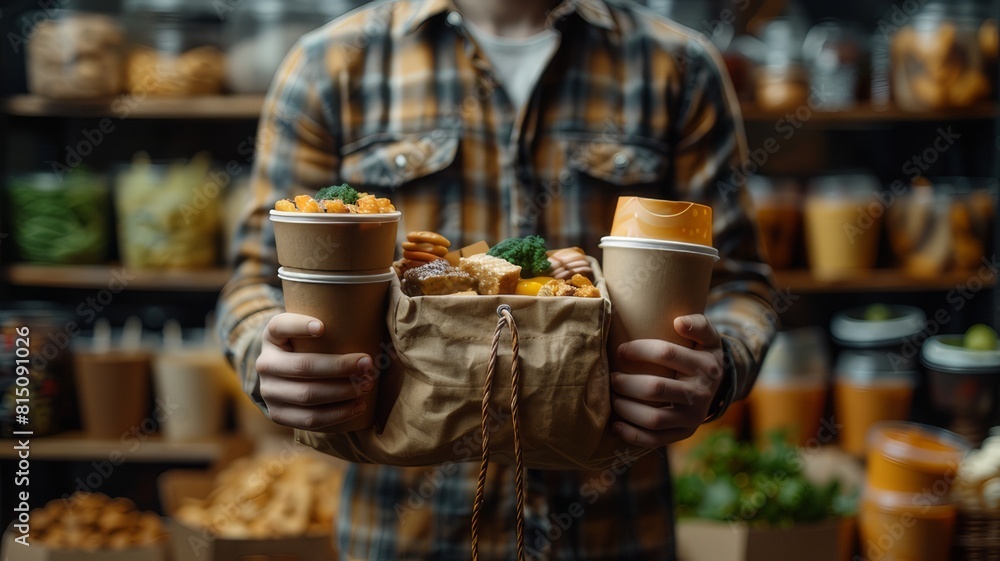 A brown paper bag that covers the young man's torso. Paper takeaway containers symbolizing food delivery or restaurant courier service. A brown paper bag that covers the young man's torso. Paper takeaway containers symbolizing food delivery or restaurant courier service.