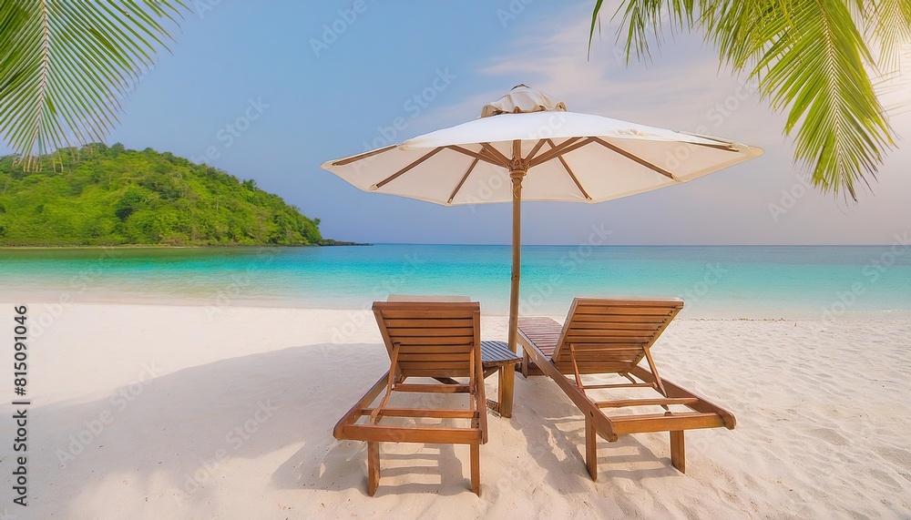 Fototapeta premium white sandy beach with wooden sunbeds under an umbrella