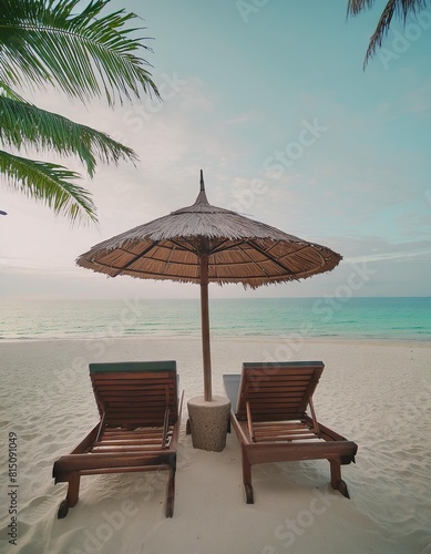 white sandy beach with wooden sunbeds under an umbrella