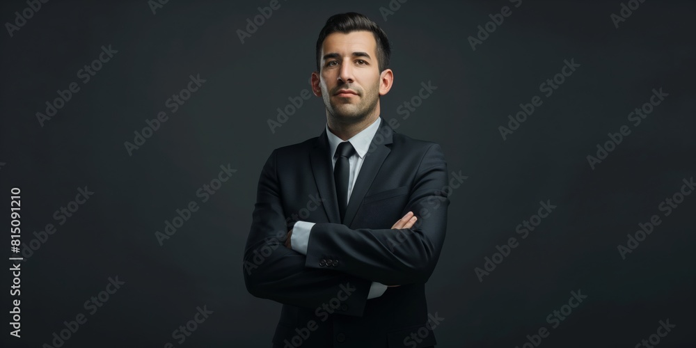 Obraz premium A self-assured male professional stands with arms folded in a powerful, dark suit against a dark background