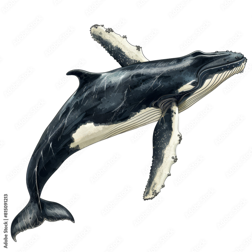Fototapeta premium A detailed illustration of a humpback whale swimming gracefully with its distinctive knobby head and long pectoral fins, a baleen whale isolated on transparent background