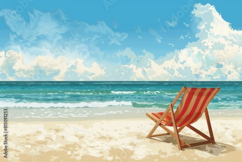 A serene beach chair on white sand under a clear blue sky  perfect for a summer beach getaway.