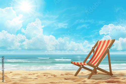 A tranquil beach scene with a chair on the sand  inviting relaxation and summer vibes.