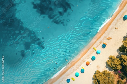 A breathtaking aerial view of a vibrant summer beach, showcasing the colorful ocean and coastline.