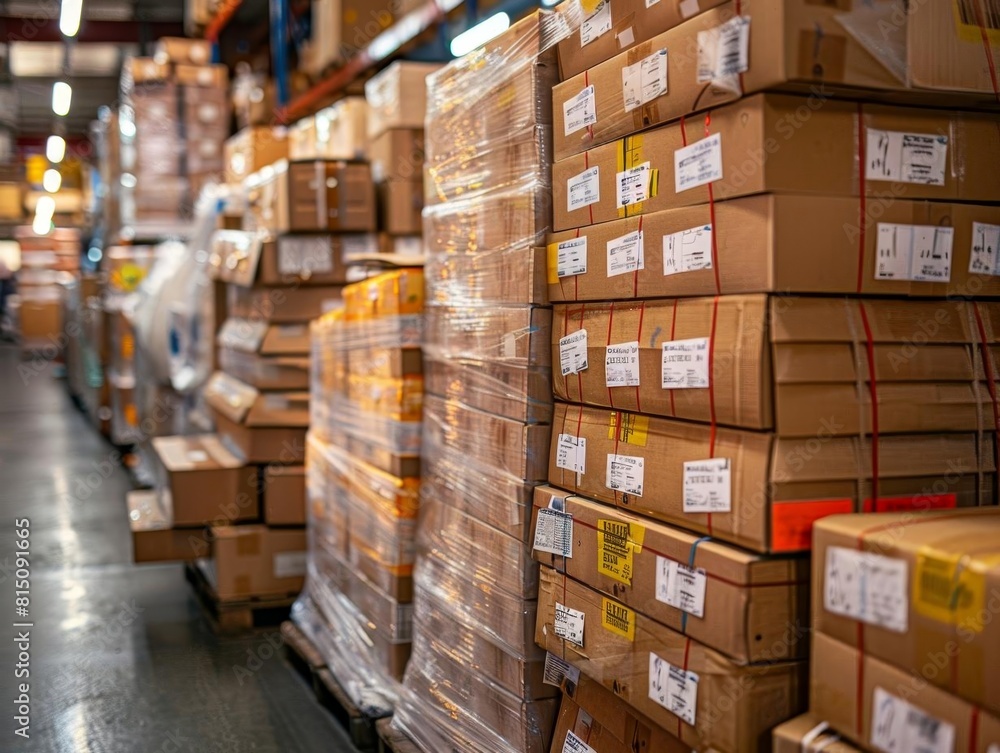 A warehouse full of neatly stacked boxes, labeled and ready to be shipped. A warehouse full of neatly stacked boxes, labeled and ready to be shipped.