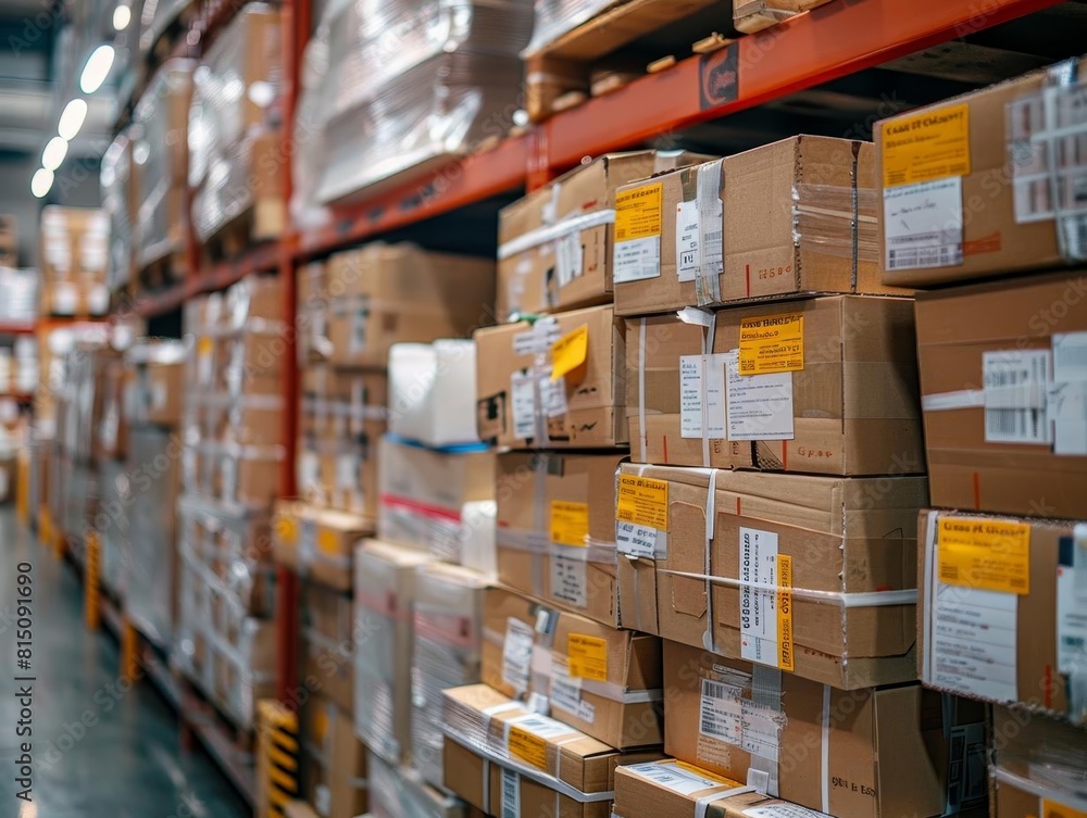 A warehouse full of neatly stacked boxes, labeled and ready to be shipped. A warehouse full of neatly stacked boxes, labeled and ready to be shipped.