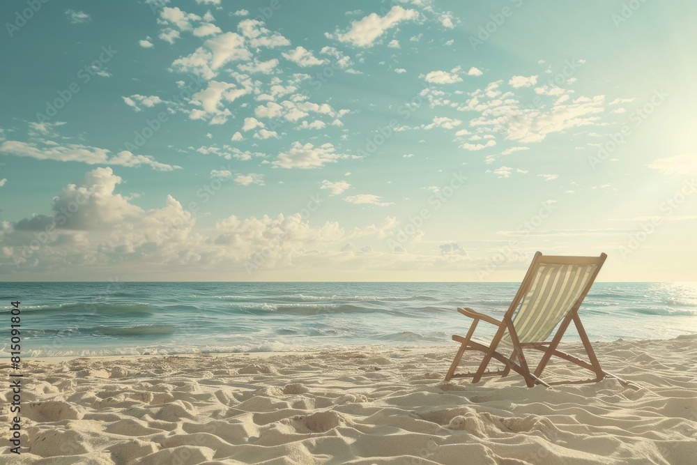 A beach chair awaits on a pristine sandy beach, with the radiant sunlit sky as the backdrop, inviting you to experience the blissful serenity of a summer retreat. A beach chair awaits on a pristine sandy beach, with the radiant sunlit sky as the backdrop, inviting you to experience the blissful serenity of a summer retreat.