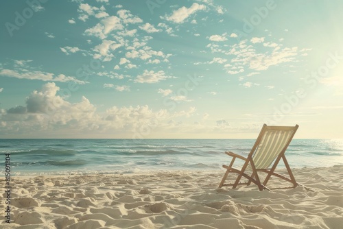 A beach chair awaits on a pristine sandy beach  with the radiant sunlit sky as the backdrop  inviting you to experience the blissful serenity of a summer retreat.