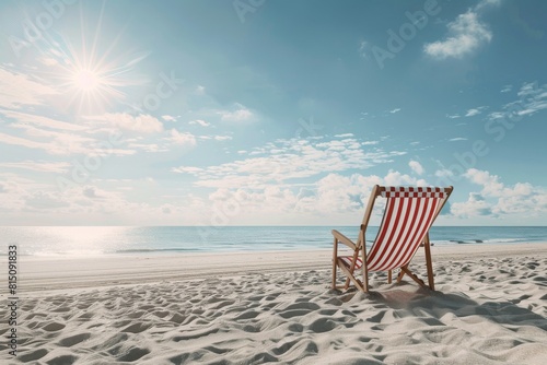 Experience pure bliss in this idyllic beach setting  where a beach chair awaits you on the soft  golden sand  surrounded by the breathtaking beauty of the sunlit sky.