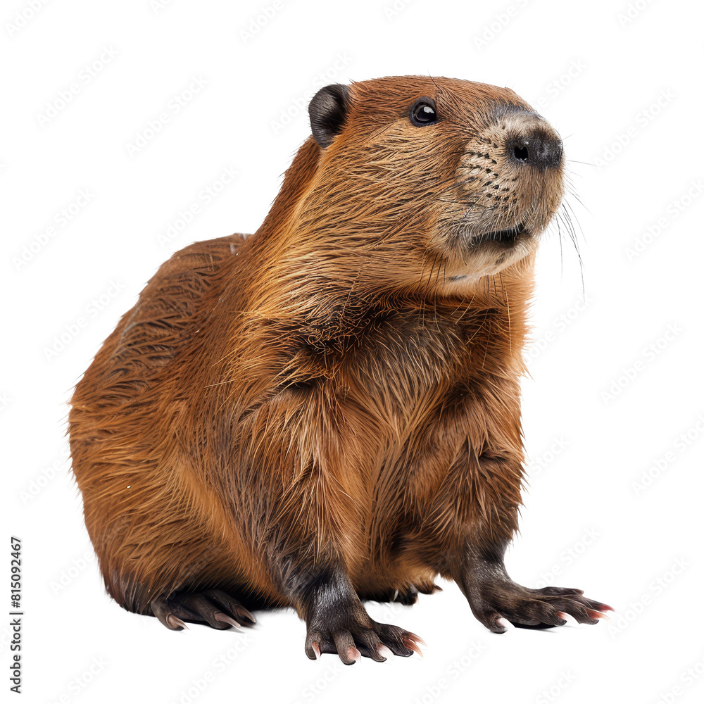 A beaver is seated in front of a plain white backdrop, a Beaver Isolated on a whitePNG Background A beaver is seated in front of a plain white backdrop, a Beaver Isolated on a whitePNG Background