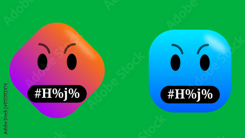 swearing word emojis in pink and blue colour on green screen. obscene language emoji illustration. photo