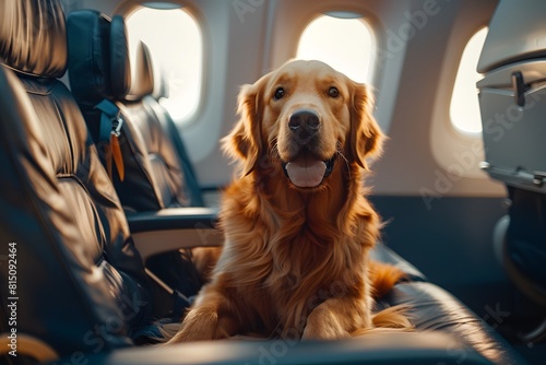 Golden Retriever Sitting in Airplane Seat. Generative by AI
