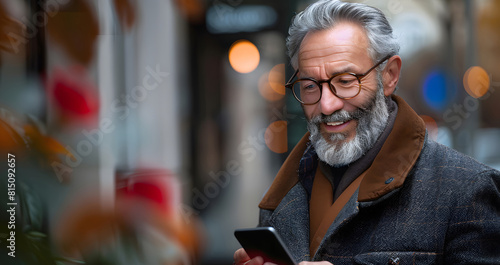 Mature Man With Beard and Glasses Using Cell Phone. Generative AI © Галя Дорожинська