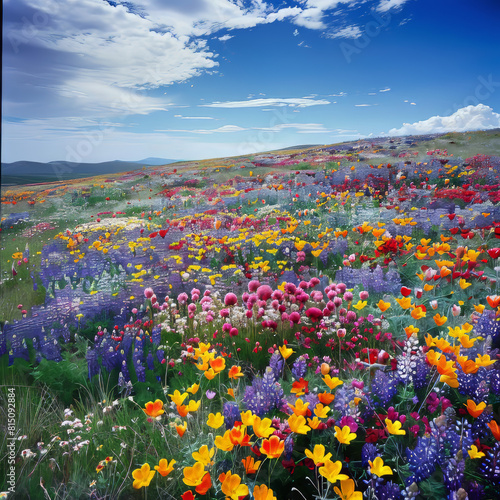 Colorful field of wildflowers stretching to the horizon
