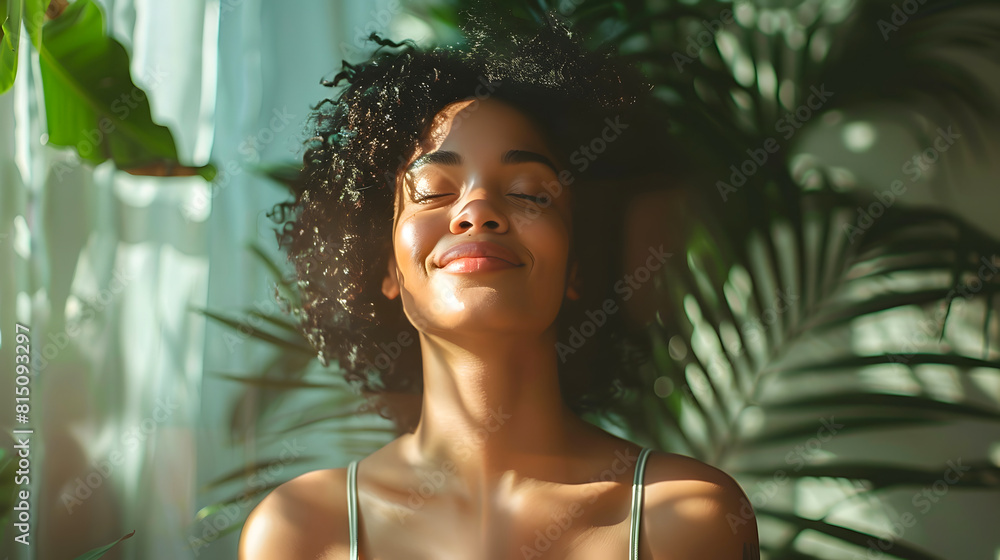 Serene Woman Enjoying Sunshine in Living Room. Generative AI Serene Woman Enjoying Sunshine in Living Room. Generative AI