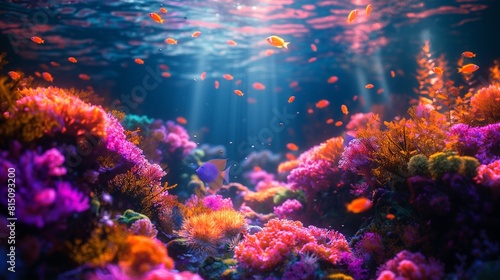 The vibrant colors of a coral reef ecosystem teeming with marine life