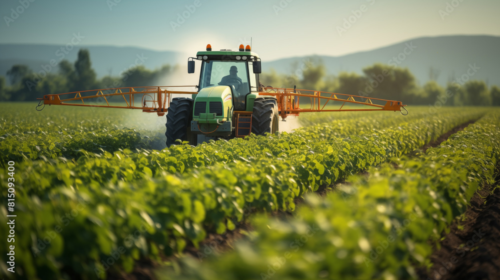 Tractor watering plants on the field, concept of treating crops with pesticides, agriculture Tractor watering plants on the field, concept of treating crops with pesticides, agriculture