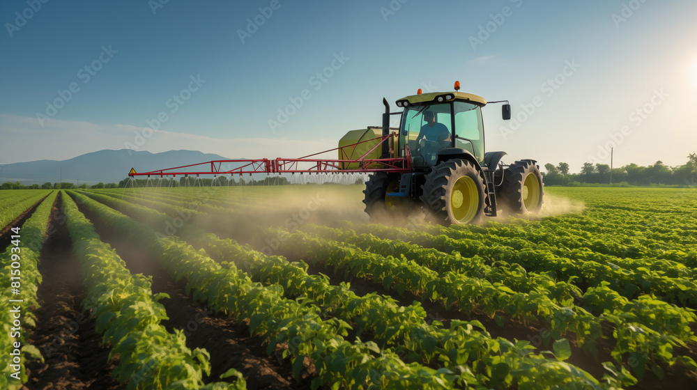 Tractor watering plants on the field, concept of treating crops with pesticides, agriculture Tractor watering plants on the field, concept of treating crops with pesticides, agriculture