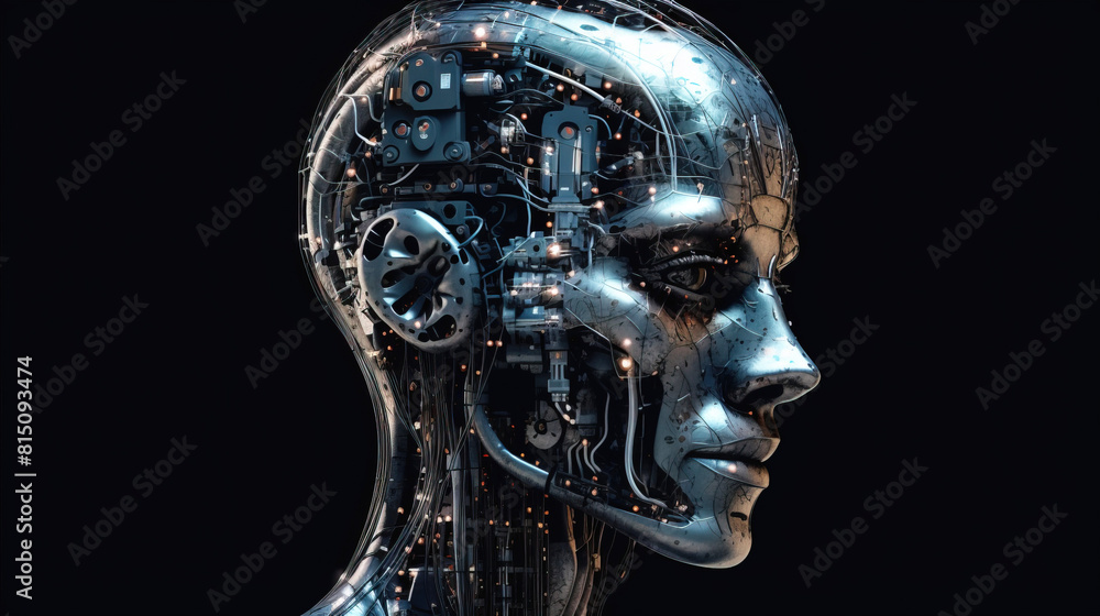 Artificial intelligence, composition of a chrome cyborg robot on a dark background, isolate. AI generated. Artificial intelligence, composition of a chrome cyborg robot on a dark background, isolate. AI generated.