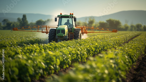 Tractor watering plants on the field  concept of treating crops with pesticides  agriculture