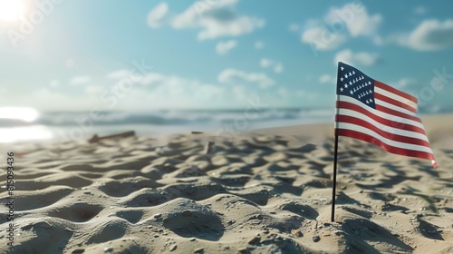 American flag on sandy beach at sunset. USA independence day concept. © Sumera