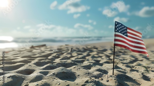 American flag on sandy beach at sunset. USA independence day concept.