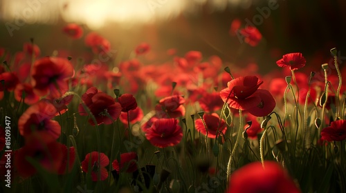 Field of red poppies at sunset. Soft selective focus.